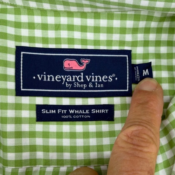 Vineyard Vines Mens Slim Fit Whale Shirt Green Gingham Check Long Sleeve Medium - Picture 2 of 10